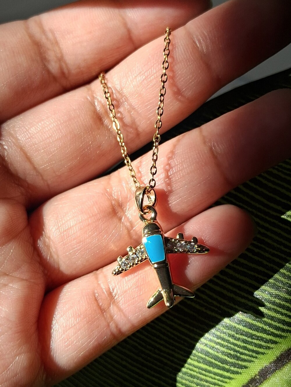 Gold Airplane Pendant Stainless Steel Necklace with Turquoise Color Accent